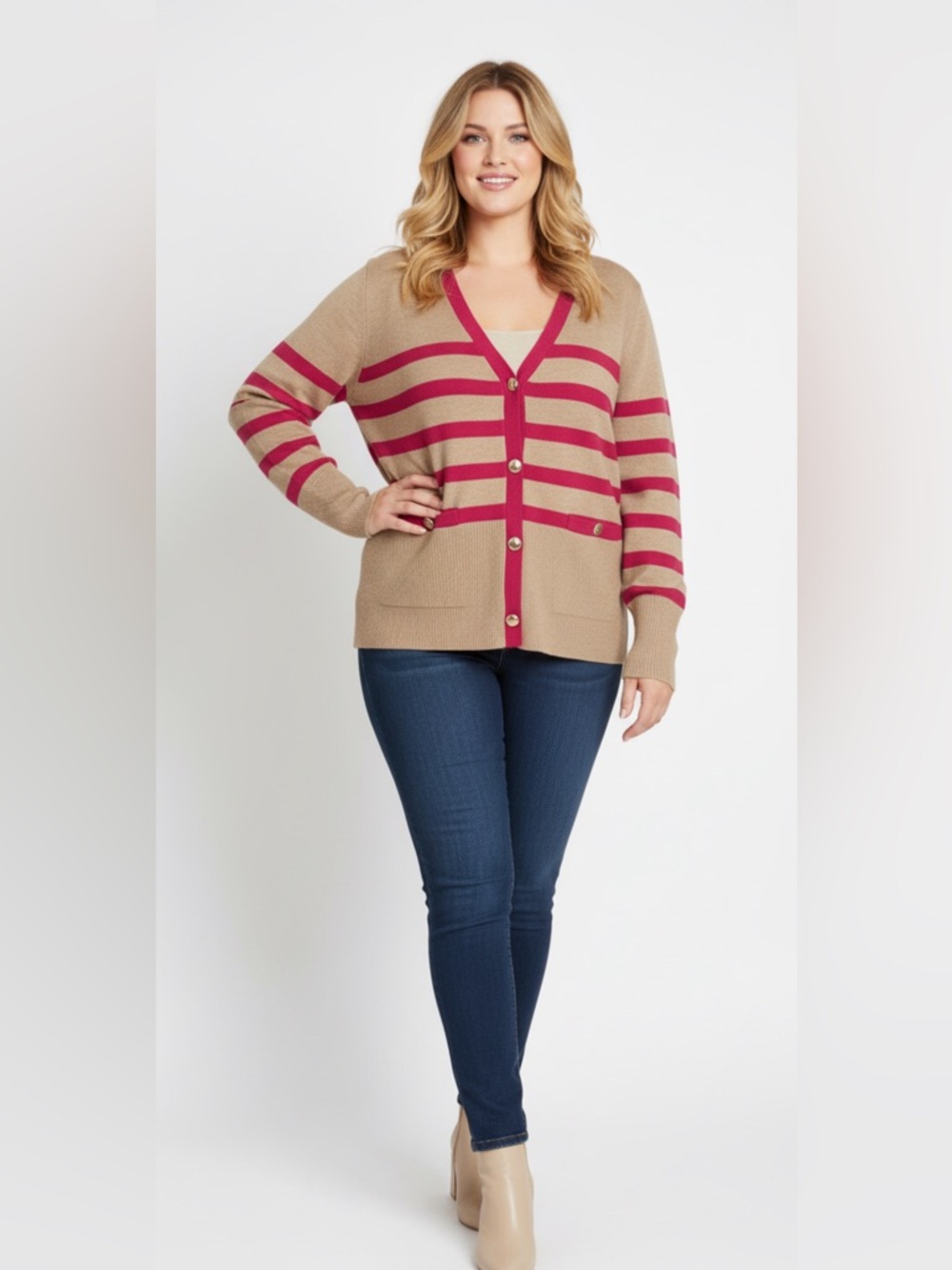 Rachel Zoe Women’s Tan Pink Striped Button Front Cardigan Sweater